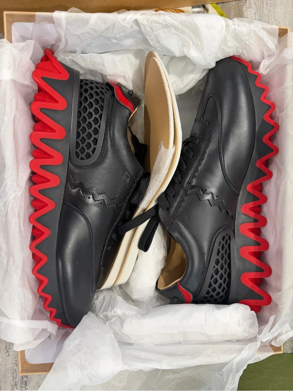 Christian Louboutin Black Leather Sneakers with Red Zigzag Outsole